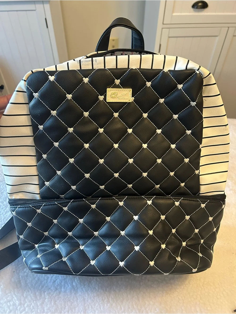 Betsey Johnson Black & Cream Quilted Kids Backpack with Gold Plaque